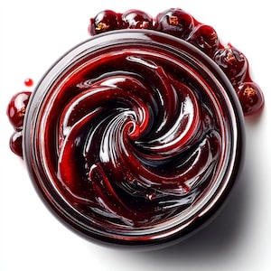 May include: A jar filled with a swirl of dark red jam, with a glossy, reflective surface. Fresh, ripe cherries are scattered around the rim of the jar. The jam has a rich, inviting appearance, suggesting a homemade preserve.