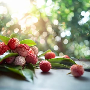 May include: A cluster of fresh lychee fruits with bumpy, vibrant red and pinkish-white rinds, accompanied by several smooth, pointed green leaves. The round fruits are arranged in a small pile, showcasing their textured, spherical outer skins.