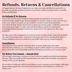 The image is a text-based image that provides information about Sugar Mama's Artisan Fragrances, including their refund policy and customer care team.