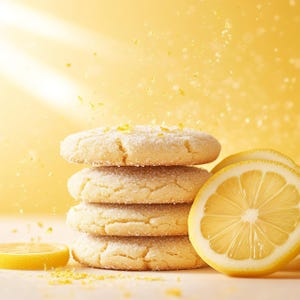 May include: A stack of four round, light-colored sugar cookies coated in granulated sugar. Beside the stack are two fresh lemon slices, with small yellow zest particles floating in the air against a bright yellow background.