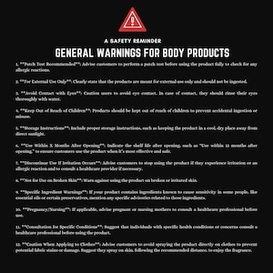 a black background with the words general warning for body products