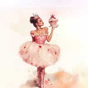 May include: Watercolor illustration of a woman in a pink tutu and crown, holding a cupcake. The tutu has red heart accents. She wears pink boots and a pink bodice. The cupcake is topped with cream and red berries. The background is a soft, watercolor wash.