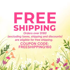 The image is a promotional graphic for a free shipping offer. It features a background of colorful flowers and greenery, along with bold pink text that announces the free shipping promotion.