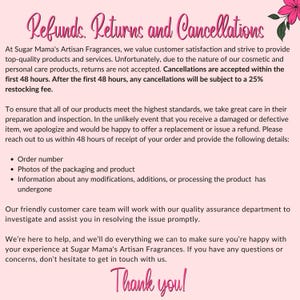 The image is a text-based image that provides information about Sugar Mama's Artisan Fragrances, including their refund policy and customer care team.