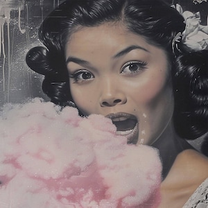 May include: A painting of a woman with dark hair and a surprised expression, eating pink cotton candy. The woman's skin is fair, and she has dark eyes and red lips. The background is a mix of gray and white.