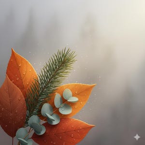 May include: An artistic composition featuring autumn leaves in shades of orange and red, accented with green pine needles and eucalyptus leaves. Water droplets are visible on the leaves, creating a fresh, natural aesthetic. The background is a soft, blurred gray.