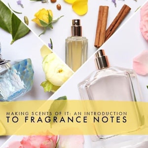 May include: An overhead shot features perfume bottles, flowers, and spices. The image includes a blue faceted bottle, two clear bottles with gold accents, rose petals, yellow roses, and cinnamon sticks. Text reads "MAKING SCENTS OF IT: AN INTRODUCTION TO FRAGRANCE NOTES."