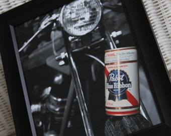 8x10 inch photo of a PBR beer can sitting on the wheel of an old Harley chopper