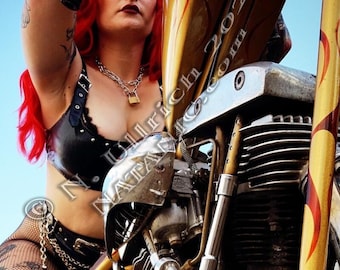 20x30 inch poster of Natanic's calendar girl Red on a Shovelhead chopper