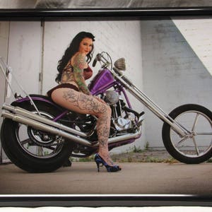 16x20 inch framed poster of tattooed biker babe on Harley chopper image 2