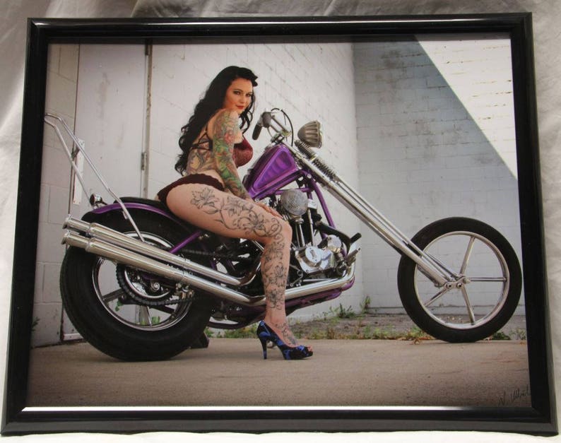 16x20 inch framed poster of tattooed biker babe on Harley chopper image 2