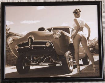 16x20 inch framed poster racy girl with a Henry J hot rod gasser