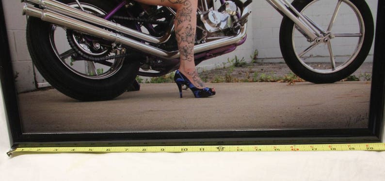 16x20 inch framed poster of tattooed biker babe on Harley chopper image 3