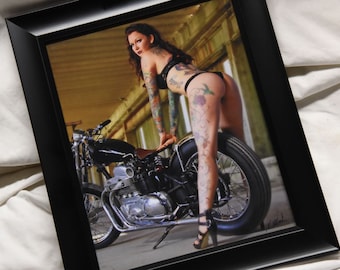 8x10 inch photo of an inked beauty with long legs on an Ariel motorcycle!