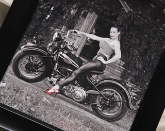 8x10 inch black and white photo of a leggy babe on an old Harley Knucklehead!