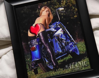 8x10 inch photo of sexy lady wearing chaps on an old Panhead!
