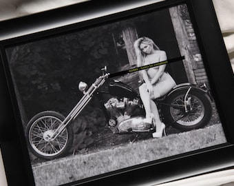 8x10 inch black and white photo of a topless biker babe on an old Harley chopper!