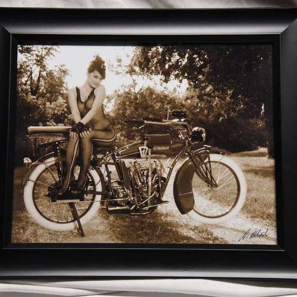 8x10 inch sepia photo of a smiling beauty in fishnet lingerie on a 1916 Indian Motorcycle!