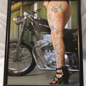 16x20 inch poster of a lovely ladies tattooed leg with an Ariel motorcycle