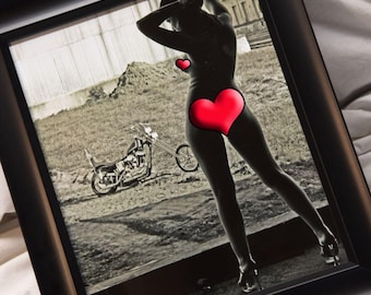 Framed 8x10 inch photo of a lovely silhouette biker babe posing with an old Harley chopper!