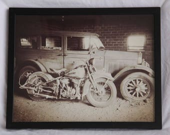 11x14 inch framed print of a Harley Flathead and old Willys barn finds