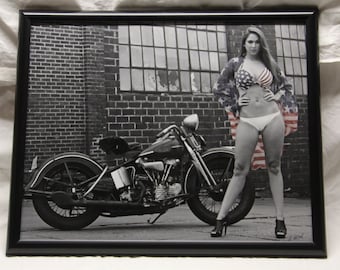 16x20 inch poster of a bikini clad American beauty with an old Harley!