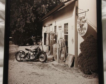 16x20 inch poster of a Harley- Davidson Knucklehead in front of a shop.