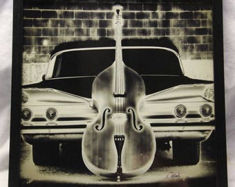 12x12 inch framed Instagram print of rock-a-billy bass and 1960 Chevy