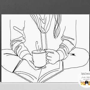 Regalo para amantes de los libros y el café, arte mural imprimible para el club de lectura, regalo de descarga digital para la decoración de dormitorios universitarios de niñas, acogedora mujer lectora.