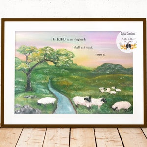 Christian Easter Printable Wall Art, Sheep in Pasture Decor, Psalm 23 Landscape, The Lord is My Shepherd Download, Bible Verse Digital Print