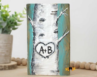 Unique Personalized Five Year Wedding Anniversary Gift, Textured Colorado Aspen Tree with Initials Wooden Art, White Birch Tree Couples Gift