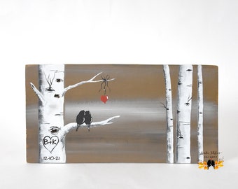 Fifth Anniversary Gift, Love Birds Art, Rustic Birch Trees, Reclaimed Wood Art, Birch Colorado Aspen Tree Painting, Wedding Gift for Couple