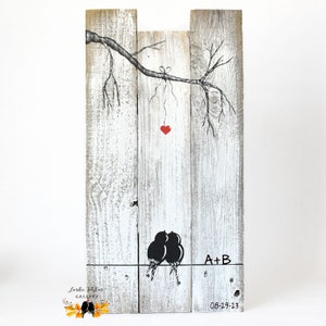 Personalized Valentines Gift for Husband, Handmade Rustic Wood Wall Decor, Unique 5th Anniversary Gift for Her, Love Birds Wall Art Painting