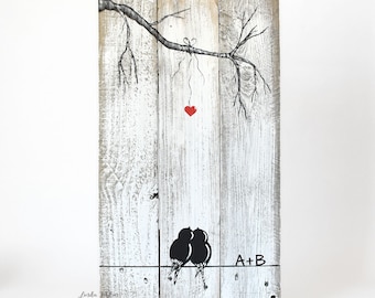 Personalized Valentines Gift for Husband, Handmade Rustic Wood Wall Decor, Unique 5th Anniversary Gift for Her, Love Birds Wall Art Painting