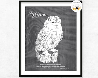 Psalm 90:12 Fathers Day Gift, Printable Snowy Owl Digital Download, Gift for Pastor, Brown/Black and White Owl Print, Wisdom Scripture, Wise