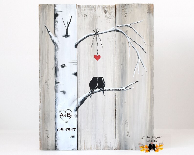Personalized 5th Anniversary Gift, Love Birds in Colorado Aspen Tree Painting on Wood, Birch Tree Wedding Gift for Couple, Mountain Home Art image 4