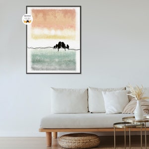 May include: Abstract watercolor painting with a muted color palette of peach, yellow, and green.  Silhouettes of birds are perched on a thin line across the middle of the painting.