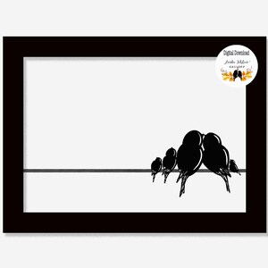 Familie van vijf vogels op een draad afdrukbare, zwart-wit digitale download, minimalistische muurkunst om af te drukken, 5 x 7 en 8 x 10 vogelkunstprint