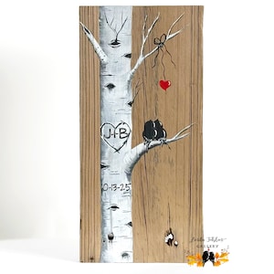 Wedding gift for Couples, Wood Personalized 5th Anniversary Gift, Love Birds Valentine Sign, Reclaimed Wood Art, Birch Aspen Tree Painting