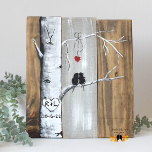 Personalized 5th Anniversary Gift, Love Birds in Colorado Aspen Tree Painting on Wood, Birch Tree Wedding Gift for Couple, Mountain Home Art image 3