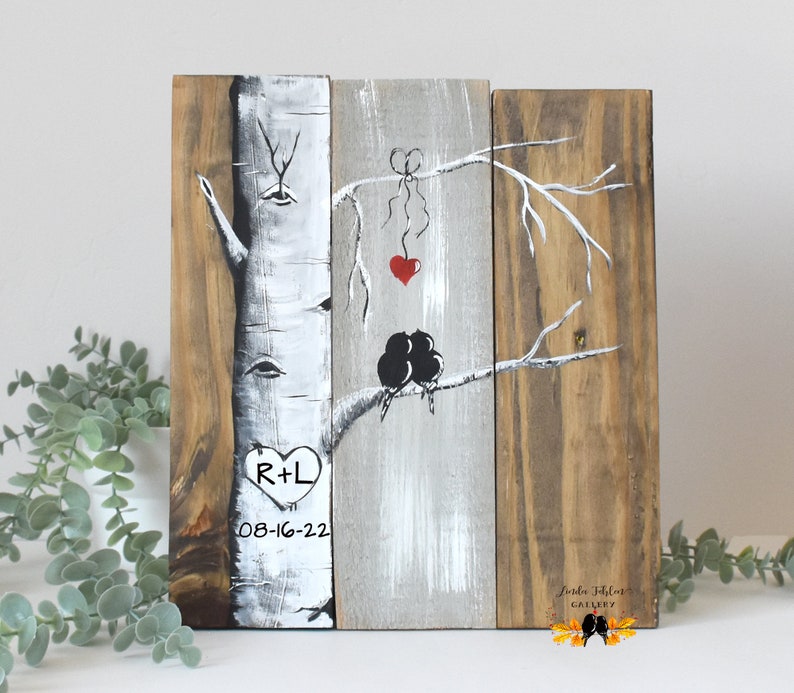 Personalized 5th Anniversary Gift, Love Birds in Colorado Aspen Tree Painting on Wood, Birch Tree Wedding Gift for Couple, Mountain Home Art image 3
