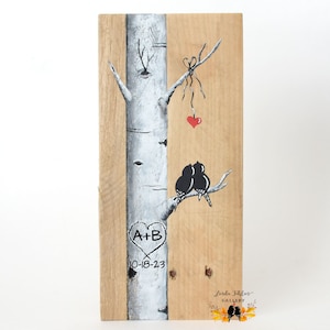 Wedding gift for Couples, Wood Personalized 5th Anniversary Gift, Love Birds Valentine Sign, Reclaimed Wood Art, Birch Aspen Tree Painting