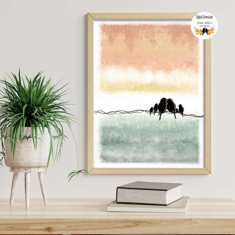 May include: Digital art print featuring a watercolor background with a soft pink, yellow, and green color scheme. A line of black birds are perched on a wire in the center of the print.