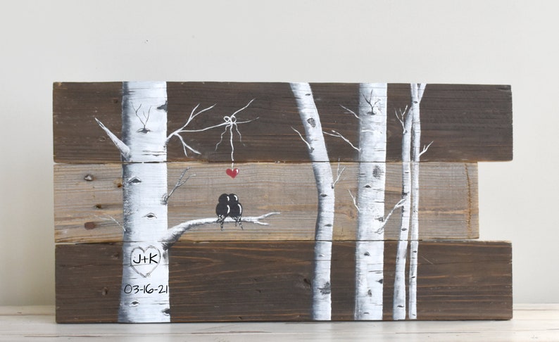 Personalized 5th Anniversary Gift, Love Birds in Colorado Aspen Tree Painting on Wood, Birch Tree Wedding Gift for Couple, Mountain Home Art image 10