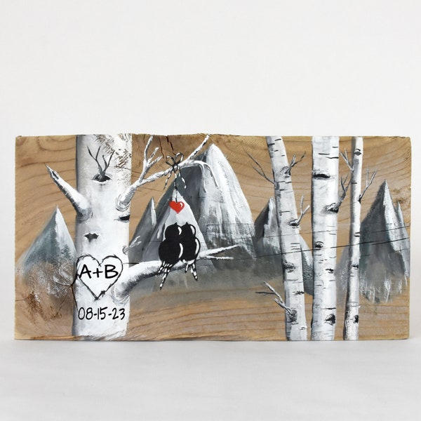 Wood 5th Anniversary Gift with Mountains, Wedding Gift for Colorado Couple, Rustic Love Birds, Reclaimed Wood Birch Tree Aspen Tree Painting