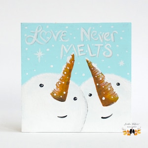 Hand Painted Love Never Melts Snowman Couple Wood Decor, Christmas Gift for Couples, Unique Cute Wooden Art Block, Winter 5th Anniversary