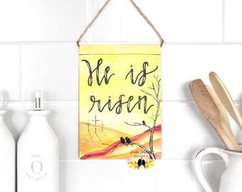 He is Risen Canvas  Wall Art, Christian Painting, Easter Scripture Art, 3 little Birds Home Decor, Religious Gift, Three Crosses on a Hill
