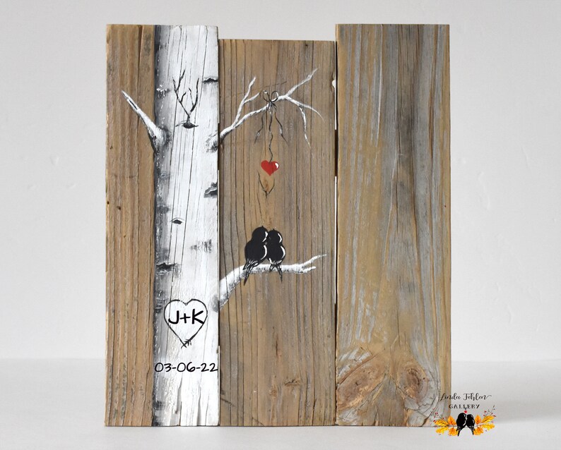 Personalized 5th Anniversary Gift, Love Birds in Colorado Aspen Tree Painting on Wood, Birch Tree Wedding Gift for Couple, Mountain Home Art image 7