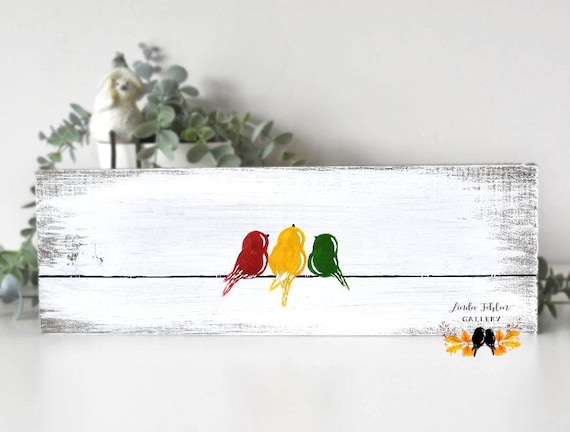 Three Little Birds Wall Art, 3 Little Birds Decor for Gallery Wall, Family of 3 Colorful Birds Painting on Reclaimed Wood, 3 Sisters Gift