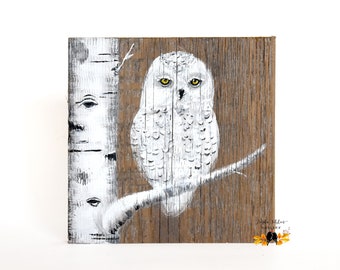 White Snowy Owl Wood Art, Original Aspen Tree with Arctic Owl Art, Polar Owl on Birch Tree Painting, Wooden 5th Anniversary, Birthday Gift
